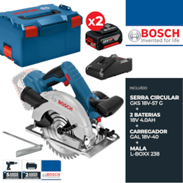 Serra Circular Bosch Profissional GKS 18V-57 G 165MM + 2 Baterias 4.0Ah + Carregador + Mala (06016A2106)