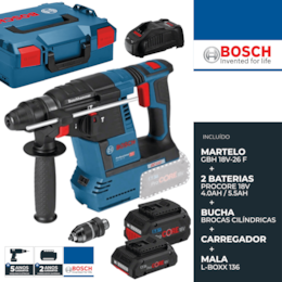 Martelo Perfurador Bosch Profissional SDS-Plus GBH 18V-26 F + 2 Baterias ProCore 4.0/5.5Ah + Carregador + Mala
