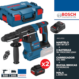 Martelo Perfurador Bosch Profissional SDS-Plus GBH 18V-26 F + 2 Baterias 5.5Ah ProCore + Carregador + Mala (061191000F)