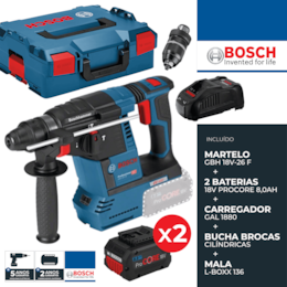 Martelo Perfurador Bosch Profissional SDS-Plus GBH 18V-26 F + 2 Baterias ProCore 8.0Ah + Carregador + Mala (061191000E)