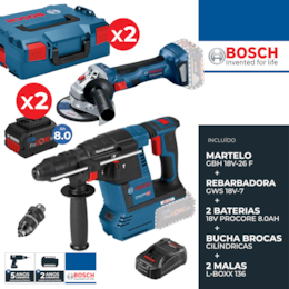 Kit Bosch Profissional Martelo GBH 18V-26 F + Rebarbadora GWS 18V-7 125MM + 2 Baterias ProCore 8.0Ah + Carregador + 2 Malas
