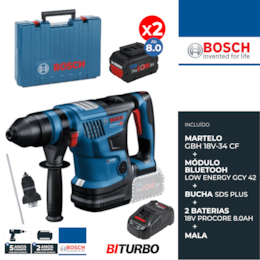 Martelo Perfurador Bosch Profissional GBH 18V-34 CF + 2 Baterias ProCore 8.0Ah + Bucha SDS-Plus + Mala (0611914002)