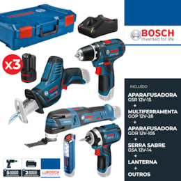 Kit Bosch Profissional Aparafusadora GSR 12V-15 + Multiferramenta GOP 12V-28 + Aparafusadora Impacto GDR 12V-105 + Serra Sabre GSA 12V-14 + Lanterna GLI 12V-300 + 3 Baterias 2.0Ah + Mala  (0615990N1D)