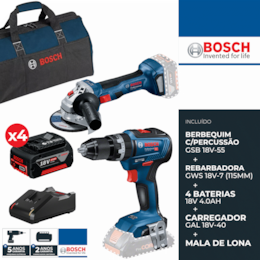 Kit Bosch Profissional Berbequim c/ Percussão GSB 18V-55 + Rebarbadora GWS 18V-7 115MM + 4 Baterias 18V 4.0Ah + Carregador + Mala Lona
