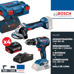 Kit Bosch Profissional Berbequim c/ Percussão GSB 18V-55 + Rebarbadora GWS 18V-7 115MM + 4 Baterias 18V 4.0Ah + Carregador + 2 Malas 