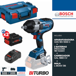 Aparafusadora Impacto Bosch Profissional GDS 18V-1000 C + 2 Baterias ProCore 18V 8.0Ah + Carregador + Mala (06019J8002)