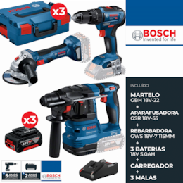 Kit Bosch Profissional Martelo GBH 18V-22 + Aparafusadora GSR 18V-55 + Rebarbadora GWS 18V-7 115MM + 3 Baterias 18V 5.0Ah + 3 Malas