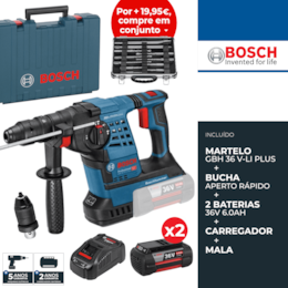 Martelo Perfurador Bosch Profissional GBH 36 V-LI Plus + 2 Baterias 36V 6.0Ah + Carregador + Mala (061190600A)