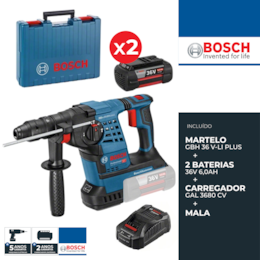Martelo Perfurador Bosch Profissional GBH 36 V-LI Plus + 2 Baterias 36V 6.0Ah + Carregador + Mala (061190600A)