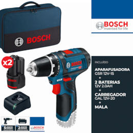 Aparafusadora Bosch Profissional GSR 12V-15 + 2 Baterias 2.0Ah + Carregador + Mala (060186810F)