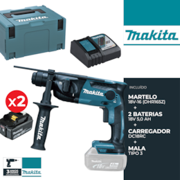 Martelo Perfurador Makita 18V-16 (DHR165Z) + 2 Baterias 18V 5.0 Ah + Carregador + Mala