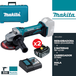 Rebarbadora Makita 18V 115MM (DGA452) + 2 Baterias 4.0Ah + Carregador + Mala
