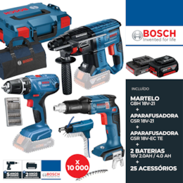 Kit Bosch Martelo GBH 18V-21 + Aparafusadora GSR 18V-21 + Aparafusadora p/ Gesso Cartonado GSR 18 V-EC TE + Adaptador + 2 Baterias 4.0Ah 2.0Ah