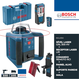 Nível Laser Rotativo Bosch GRL 300 HV + Comando RC1 + Suporte Parede WM 4 + Recetor LR1 (0601061501)