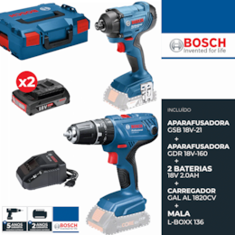 Kit Bosch Profissional Aparafusadora GSB 18V-21 + Aparafusadora Impacto GDR 18V-160 + 2 Baterias 2.0Ah + Mala (0615990L41)