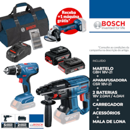 a Kit Bosch Profissional Martelo GBH 18V-21 + Aparafusadora GSR 18V-21 + 2 Baterias 2.0Ah/4.0Ah + Carregador + Mala Lona (0615990M0P)
