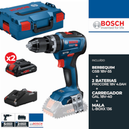 Berbequim c/ Percussão Bosch Profissional GSB 18V-55 + 2 Baterias ProCore 18V 4.0Ah + Carregador + Mala (06019H5304)