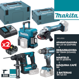 Kit Makita Martelo Perfurador 18V-17 (DHR171) + Rebarbadora 18V 115MM (DGA452) + Aparafusadora 18V-50 LXT (DDF485) + Máquina Café + 2 Baterias 5.0Ah