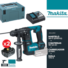 Martelo Perfurador Makita 18V-17 (DHR171Z) + 2 Baterias 18V 5.0 Ah + Carregador + Mala