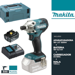 Aparafusadora Impacto Makita 18V-150 LXT (DTD156) + Bateria 18V 5.0Ah + Carregador + Mala