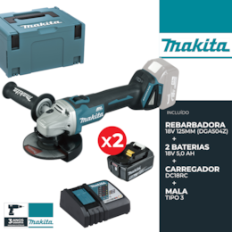 Rebarbadora Makita 18V 125MM (DGA504) + 2 Baterias 5.0Ah + Carregador + Mala