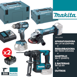 Kit Makita Martelo Perfurador 18V-17 (DHR171) + Rebarbadora 18V 115MM (DGA452) + Aparafusadora 18V-50 LXT (DDF485) + 2 Baterias 5.0Ah + 2 Malas