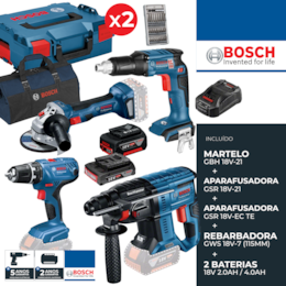 Kit Bosch Profissional Martelo GBH 18V-21 + Aparafusadora GSR 18V-21 + Rebarbadora GWS 18V-7 115MM + Aparafusadora Gesso Cartonado GSR 18V-EC TE + 2 Baterias + 3 Malas