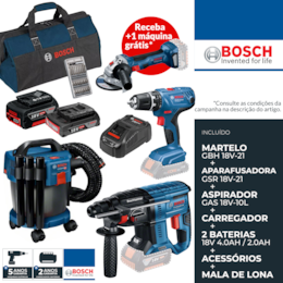 Kit Bosch Profissional Martelo GBH 18V-21 + Aparafusadora GSR 18V-21 + Aspirador 18V-10 L + 2 Baterias 2.0/4.0Ah + Carregador + Mala Lona