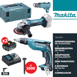 Kit p/ Gesso Cartonado Makita Aparafusadora 18V (DFS451) + Auto Alimentador + 2500 Parafusos + Rebarbadora 115MM (DGA452) + 2 Baterias 5.0Ah + Mala