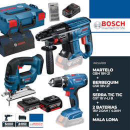 Kit Bosch Profissional Martelo GBH 18V-21 + Aparafusadora GSR 18V-21 + Serra Tico Tico GST 18V-LI B + 2 Baterias 2.0/4.0Ah + Carregador + Mala