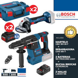 Kit Bosch Profissional Martelo GBH 18V-26 F + Rebarbadora GWS 18V-7 125MM + 2 Baterias ProCore 5.5Ah + Carregador + 2 Malas