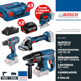 Kit Bosch Profissional Martelo GBH 18V-21 + Aparafusadora GSR 18V-28 + Rebarbadora GWS 18V-7 125MM + 2 Baterias 4.0Ah + Carregador + 3 Malas