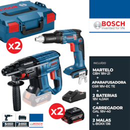 Kit Bosch Martelo GBH 18V-21 + Aparafusadora p/ Gesso Cartonado GSR 18 V-EC TE + 2 Baterias 4.0Ah + 2 Malas