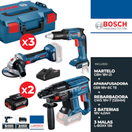 Kit Bosch Martelo GBH 18V-21 + Aparafusadora p/ Gesso Cartonado GSR 18 V-EC TE + Rebarbadora GWS 18V-7 125MM + 2 Baterias 4.0Ah + Carregador + 3 Malas