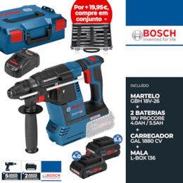 Martelo Perfurador Bosch Profissional GBH 18V-26 + 2 Baterias ProCore 4.0/5.5Ah + Carregador + Mala