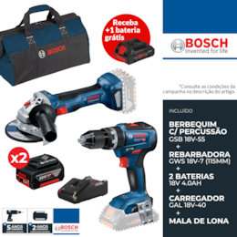 Kit Bosch Profissional Berbequim c/ Percussão GSB 18V-55 + Rebarbadora GWS 18V-7 115MM + 2 Baterias 18V 4.0Ah + Carregador + Mala Lona (0615990M4A)