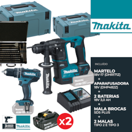 Martelo Perfurador Makita 18V-17 (DHR171) + Berbequim c/ Percussão Makita 18V-62 (DHP482) + 2 Baterias 3.0Ah + 2 Malas + Acessórios