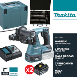 Martelo Perfurador Makita 18V-24 (DHR242) + 2 Baterias 5.0Ah + Carregador + Mala + Conjunto Mala c/ Brocas (D-19180)