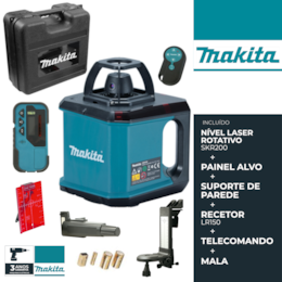 Nível Laser Rotativo Makita 200M + Recetor LR150 + Painel Alvo SK102 + Telecomando + Suporte de Parede + Mala (SKR200Z)
