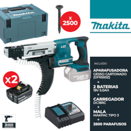 Aparafusadora Autoalimentada p/ Gesso Cartonado Makita 18V + 2 Baterias 5.0Ah + Carregador + Mala + 2500 Parafusos 