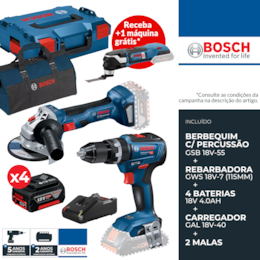 Kit Bosch Profissional Berbequim c/ Percussão GSB 18V-55 + Rebarbadora GWS 18V-7 115MM + 4 Baterias 18V 4.0Ah + Carregador + 2 Malas 