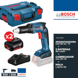 Aparafusadora p/ Gesso Cartonado Bosch Profissional GSR 18 V-EC TE + 2 Baterias 4.0Ah + Carregador + Mala 