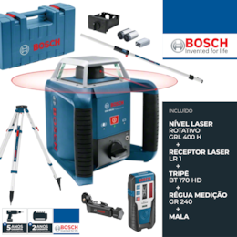 Nível Laser Rotativo Bosch GRL 400 H + Recetor LR 1 + Tripé p/ Construção BT 170 HD + Régua de Medição GR 240 + Mala (061599403U)