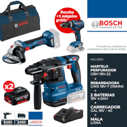 a Kit Bosch Martelo Profissional GBH 18V-22 + Rebarbadora GWS 18V-7 115MM + 2 Baterias 18V 4.0Ah + Carregador +  Mala (0615A50037)