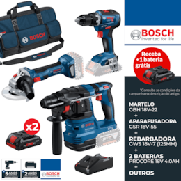 Kit Bosch Profissional Martelo Perfurador GBH 18V-22 + Aparafusadora GSR 18V-55 + Rebarbadora GWS 18V-7 125MM + 2 Baterias ProCore 18V 4.0Ah + Carregador + Mala (0615A50035)