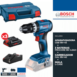 Aparafusadora Bosch Profissional GSB 18V-45 + 3 Baterias ProCore 18V 4.0AH + Carregador + Mala (0615A5002U)