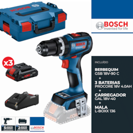 Berbequim Bosch Profissional GSB 18V-90 C + 3 Baterias ProCore 18V 4.0Ah + Carregador + Mala