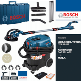 Kit Bosch Lixadeira Tetos GTR 55-225 (06017D4000) + Aspirador GAS 35 L AFC c/ Limpeza Automática do Filtro - 35L (06019C3200) + Acessórios +Mala