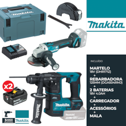 Kit Makita Martelo Perfurador 18V (DHR171Z) + Rebarbadora 125MM + 2 Baterias 18V 4.0Ah + Carregador + Acessórios + Mala (DGA504RMJ)