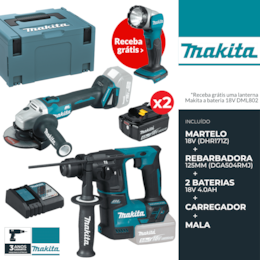 Kit Makita Martelo Perfurador 18V (DHR171Z) + Rebarbadora 125MM + 2 Baterias 18V 4.0Ah + Carregador + Acessórios + Mala (DGA504RMJ) + OFERTA LANTERNA